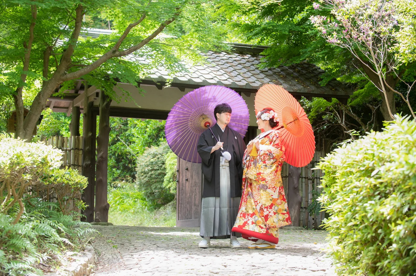和傘を持った紋付袴と色打掛の新郎新婦のロケーション撮影